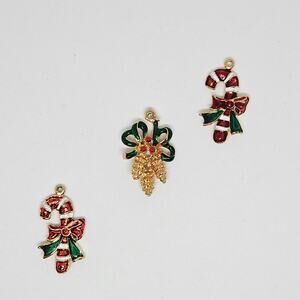 Vintage Lot of 3 Christmas Pendants Candy Cane Pine Cones Gold Tone Xmas Enamel
